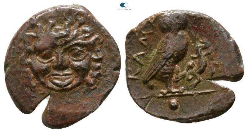 Sicily. Kamarina circa 420-405 BC. 
Onkia Æ

12mm., 1,12g.

Facing gorgonei...