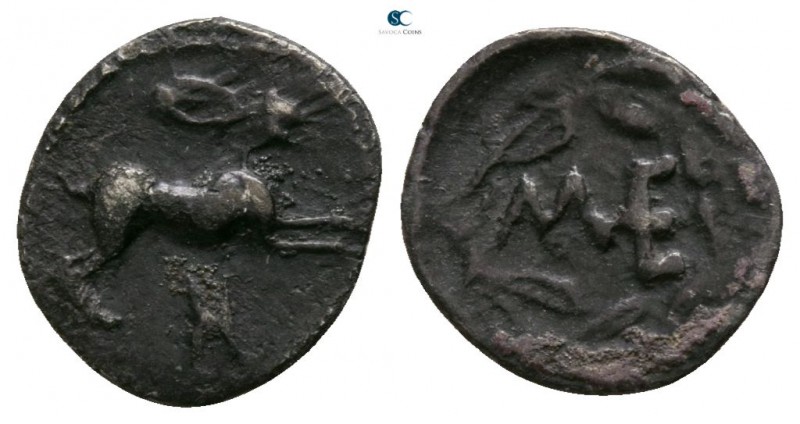 Sicily. Messana circa 450-400 BC. 
Litra AR

8mm., 0,33g.

Hare springing t...