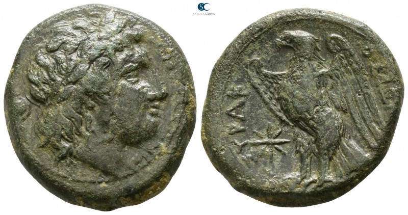Sicily. Syracuse. Hiketas II 287-278 BC. 
Bronze Æ

23mm., 10,26g.

ΔIOΣ EΛ...