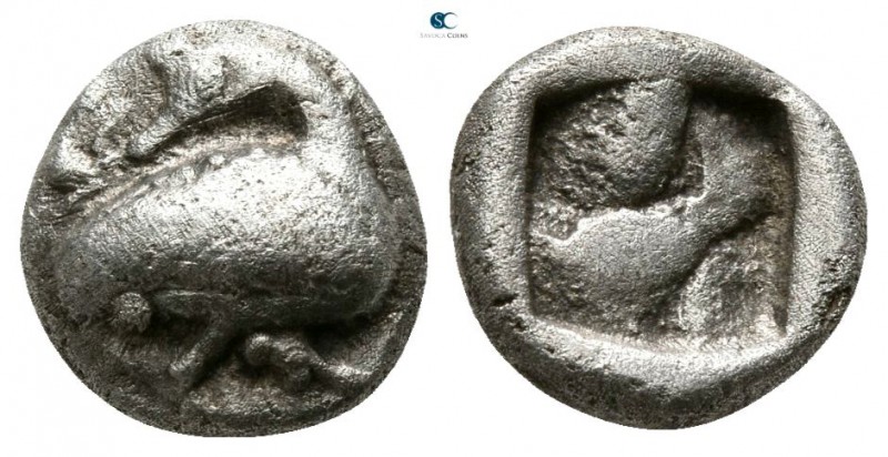 Macedon. Eion circa 480-470 BC. 
Diobol AR

7mm., 1,04g.

Goose standing ri...