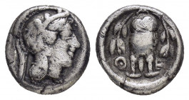 ATTICA.Athens.(449-395 BC).Hemidrachm.

Obv : Helmeted head of Athena.

Rev : Θ-E.
 Owl standing facing in wreath.
SNG Copenhagen 45. 

Condition : Da...