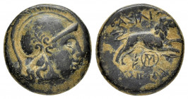 KINGS of THRACE. Lysimachos.(305-281 BC). Lysimacheia.Ae.

Obv : Helmeted head of Athena right.

Rev : ΒΑΣΙΛΕΩΣ ΛΥΣΙΜΑΧΟΥ.
Lion leaping right; branch,...