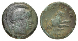 KINGS of THRACE.Lysimachos.(305-281 BC).Ae.

Obv : Helmeted head of Athena right.

Rev : ΒΑΣΙΛΕΟΣ ΛΥΣΙΜΑΧΟΥ.
Forepart of a lion right. Controls: in le...