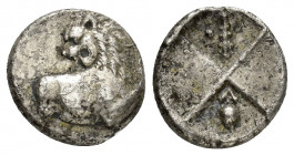 THRACE.Chersonesos.(Circa 386-338 BC).Hemidrachm.

Obv : Forepart of lion right, head reverted.

Rev : Quadripartite incuse square with alternating ra...