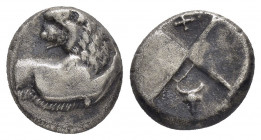 THRACE.Chersonesos.(Circa 386-338 BC).Hemidrachm. 

Obv : Forepart of lion right, head left.

Rev : Quadripartite incuse square, with alternating rais...
