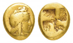 MYSIA.Kyzikos.( Circa 450-400 BC.).1/12 Stater.EL Hemihekte.

Obv : Head of Attis facing right, wearing ornamented Phrygian cap.

Rev : Quadripart...