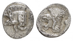 MYSIA.Kyzikos.(Circa 450-400 BC).Obol.

Obv : Forepart of boar left, E (retrograde) on shoulder; tunny behind.

Rev : Head of roaring lion left.
SNG F...