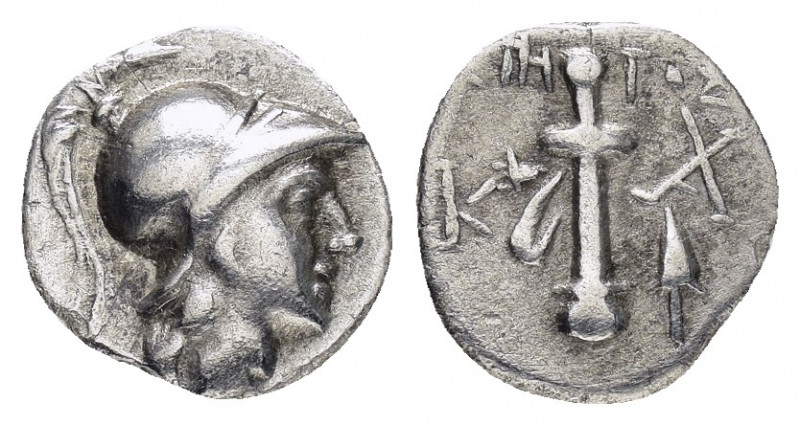 CARIA.Kaunos.(Circa 166-100 BC).Hemidrachm. 

Obv : Head of Athena right in Cori...