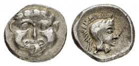 PAMPHYLIA.Aspendos.(Circa 420-360 BC).Obol.

Obv : Gorgoneion.

Rev : Helmeted head of Athena right within incuse square.
SNG France 28-36; SNG Aulock...