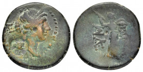 CILICIA.Soloi-Pompeiopolis.(200-100 BC).Ae.

Obv : Bust of Artemis to right, quiver over shoulder.Countermark : sembol within round incuse.

Rev : ΣΟΛ...
