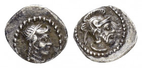CILICIA.Tarsus.Tarkumuwa(Datames).Satrap of Cilicia and Cappadocia.(384-361 BC).Obol .

Obv : Diademed female head right.

Rev : Helmeted male head ri...