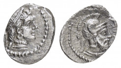 CILICIA.Tarsus.Tarkumuwa(Datames).Satrap of Cilicia and Cappadocia.(384-361 BC).Obol .

Obv : Diademed female head right.

Rev : Helmeted male head ri...