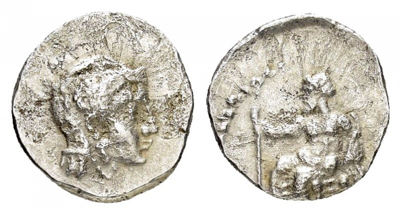 CILICIA.Uncertain.().Obol.

Obv : Baaltars seated left, holding lotus-tipped sce...