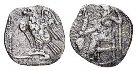 CILICIA.Uncertain.(4th century BC).Obol.

Obv : Baaltars seated left, holding grain ear, grapes and sceptre.

Rev : Eagle standing left on Plow.
SNG F...