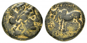 SELEUKID KINGS of SYRIA.Seleukos II.(246-225 BC).Antioch.Ae.

Obv : Laureate head of Apollo right

Rev : BAΣIΛEΩΣ ΣEΛEYKOY.
Bull standing left; monogr...