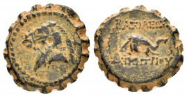 SELEUKID KINGS of SYRIA.Demetrios I.(162-150 BC).Antioch.Ae.

Obv : Horse's head left.

Rev : BAΣIΛEΩΣ ΔHMHTPIOY.
Elephant's head right.
SC 1646; HGC ...