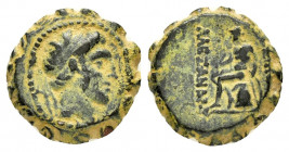 SELEUKID KINGS of SYRIA.Alexander I Balas.(150-145 BC).Ae.

Obv : Diademed head of Alexander I right.

Rev : ΒΑΣΙΛΕΩΣ ΑΛΕΞΑΝΔΡΟΥ.
Apollo seated l. on ...