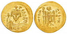 PHOCAS.(602-610).Constantinople.Solidus.

Obv : δ NN FOCAS PЄRP AVG.
Crowned and draped and cuirassed facing bust, holding globus cruciger.

Rev : VIC...
