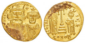 CONSTANS II with CONSTANTINE IV, HERACLIUS and TIBERIUS.(641-668).Constantinople.Solidus. 

Obv : dN CONSTAN Ч CC.
Crowned and draped facing busts of ...