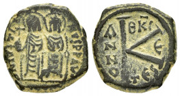 JUSTIN II with SOPHIA.(565-578).Thessalonica.Half Follis.

Obv : D N IVSTINVS P P AVG.
Justin at left, Sophia at right, seated facing on double-throne...