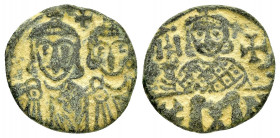 CONSTANTINE V with LEO IV.(751-775).Constantinople.Follis.

Obv : facing busts of Constantine, with short beard, on left, and Leo, beardless, on right...