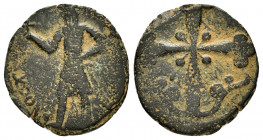 CRUSADERS.Edessa.Baldwin II.(Second reign, 1108-1118).Follis.

Obv : Baldwin standing left, wearing conical helmet, holding globus cruciger and swor...