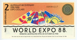 Australia 2 Expo Dollars 1988 World Expo 88 Promotional Note
# 02684117; World Expo 88 in Brisbane Promotional Note; UNC
