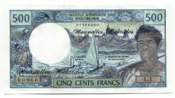 New Hebrides 500 Francs 1979 (ND)
P# 19b, N# 207297; # 01000960; UNC