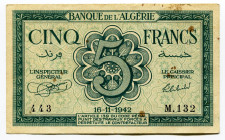 Algeria 5 Francs 1942
P# 91, N# 206297; # 443 M.132; Allied Occupation WW2; XF