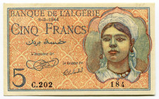 Algeria 5 Francs 1944
P# 94a, N# 207240; # C.202 184; AUNC