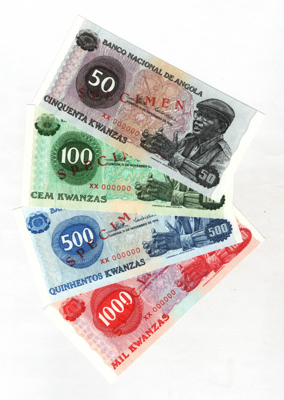 Angola 50-100-500-1000 Kwanzas 1976 Specimen
P# 110-113s; # XX000000; UNC