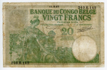 Belgian Congo 20 Francs 1937
P# 10f, N# 258714; #243.R.142; VG