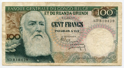 Belgian Congo 100 Francs 1955 - 1960
P# 33b, N# 220634; # AD810429; F