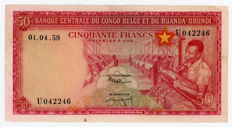Belgian Congo 50 Francs 1959
P# 32, N# 259285; # U042246; XF