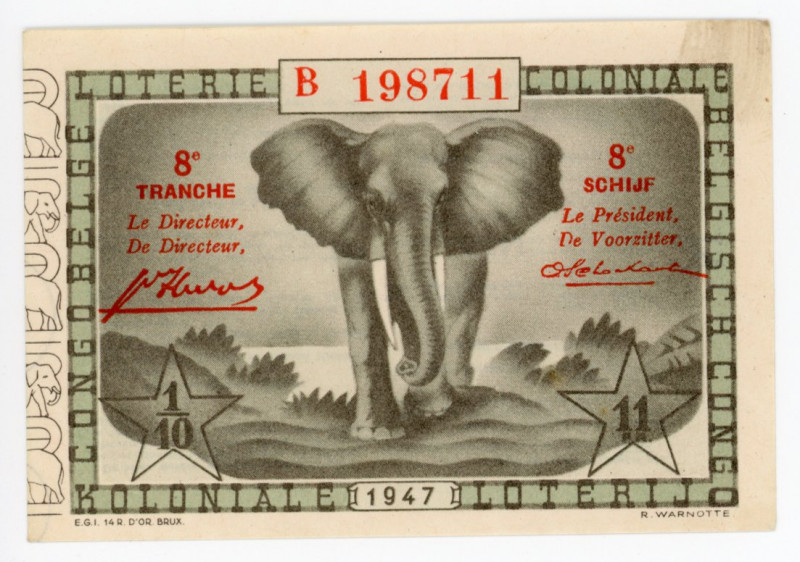 Belgian Congo Colonial Lottery Ticket 11 Francs 1947
Series 8; # B 198711; AUNC...