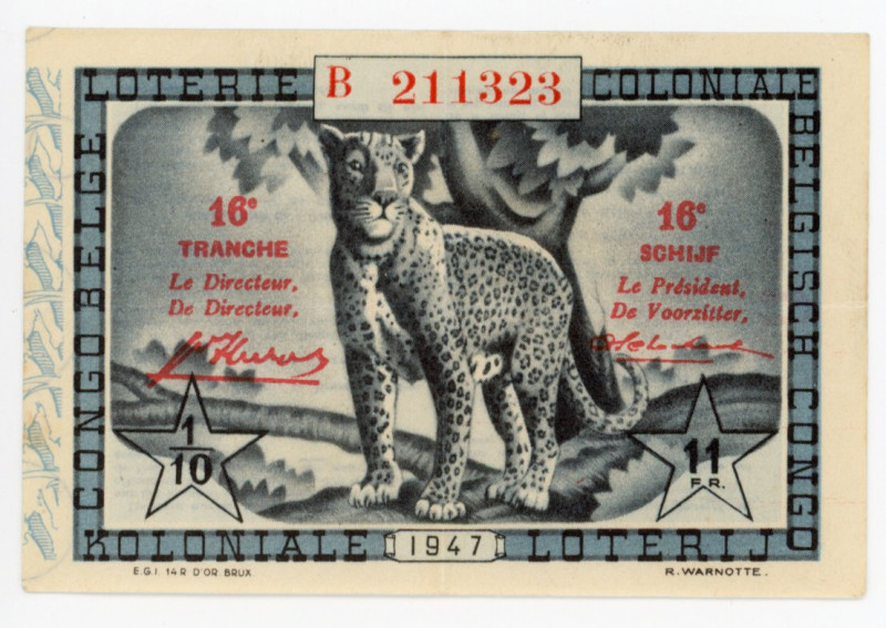 Belgian Congo Colonial Lottery Ticket 11 Francs 1947
Series 16; # B 211323; VF-...
