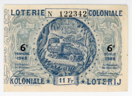 Belgian Congo Colonial Lottery Ticket 11 Francs 1948
Series 6; # N 122342; XF+
