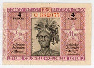 Belgian Congo Colonial Lottery Ticket 11 Francs 1950
Series 4; # Q 382075; XF