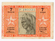 Belgian Congo Colonial Lottery Ticket 11 Francs 1950
Series 7; # P 293225; XF-