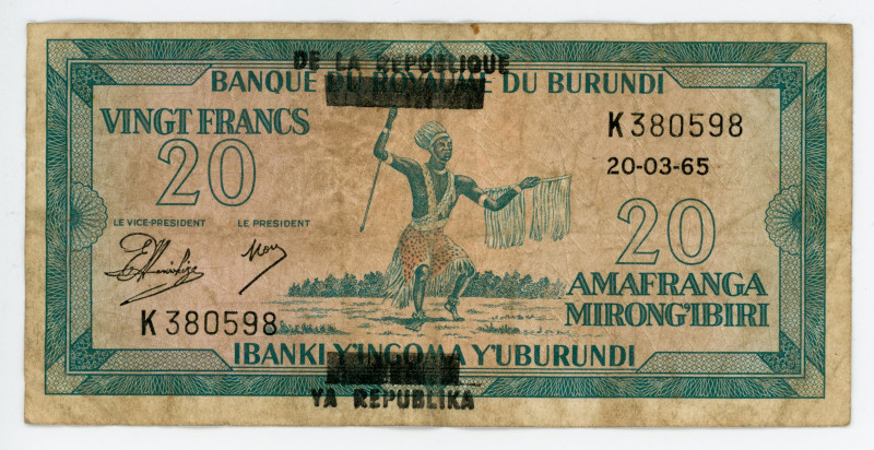 Burundi 20 Francs 1966 (ND - old date 20.03.1965)
P# 15, N# 254199; #K380598; O...