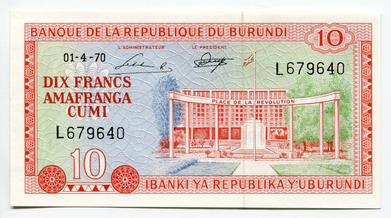 Burundi 10 Francs 1970
P# 20, N# 254207; # L679640; UNC