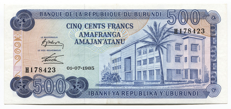 Burundi 500 Francs 1985
P# 30b, N# 254480; # H178423; AUNC