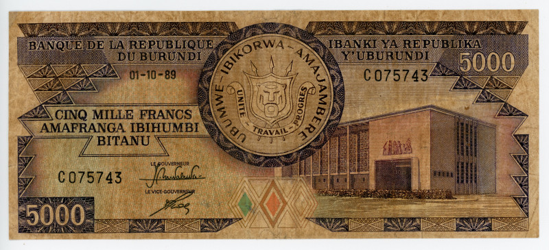 Burundi 5000 Francs 1989
P# 32c, N# 254482; #C075743; F