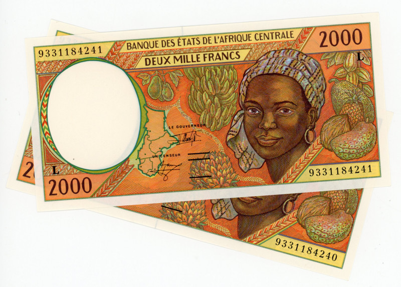 Central African States Gabon 2 x 2000 Francs 1993 L Consecutive Numbers
P# 402L...