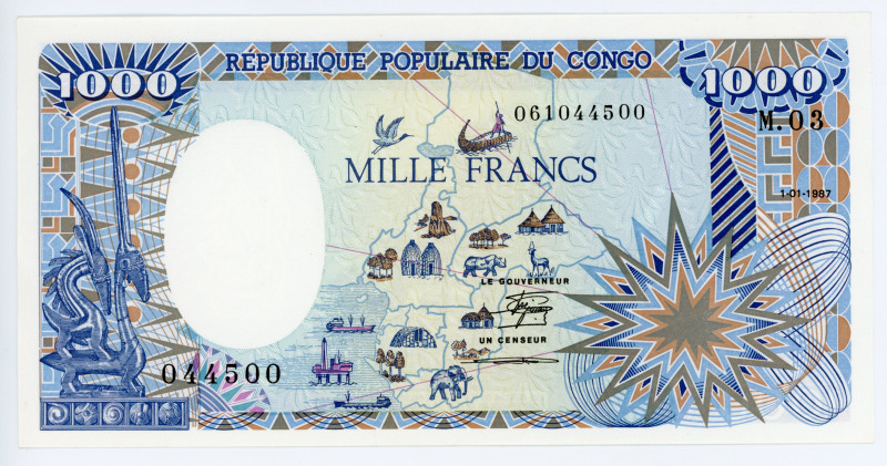 Congo 1000 Francs 1987
P# 10a, N# 258191; #M.03 044500; UNC