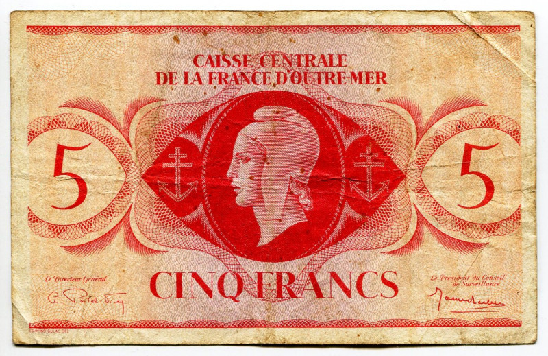 French Equatorial Africa 5 Francs 1944 Without serial number
P# 15, N# 213368; ...