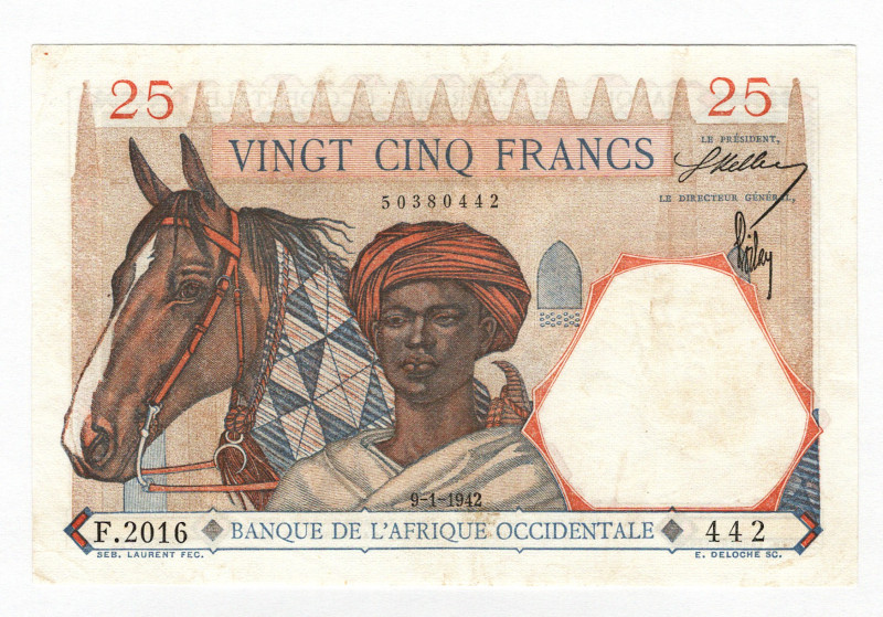 French West Africa 25 Francs 1942
P# 27, N# 220115; XF