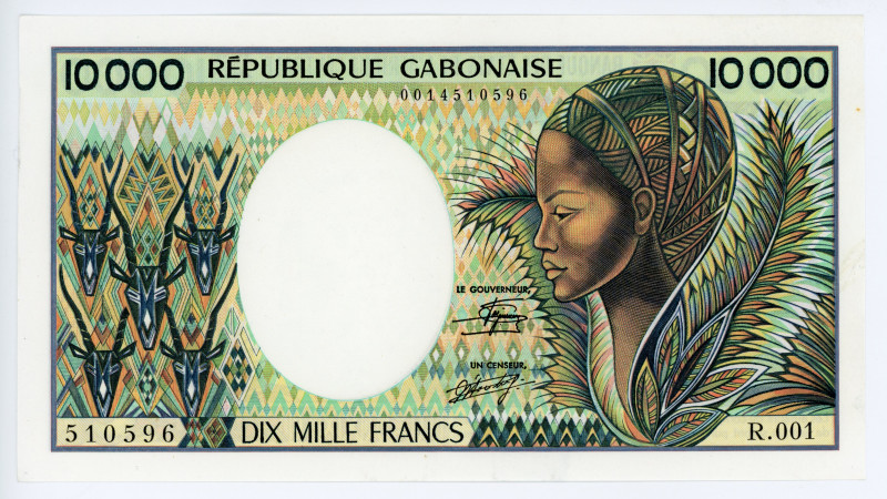 Gabon 10000 Francs 1984 (ND)
P# 7a, N# 268632; #R.001 510596; Signature 9; Mino...