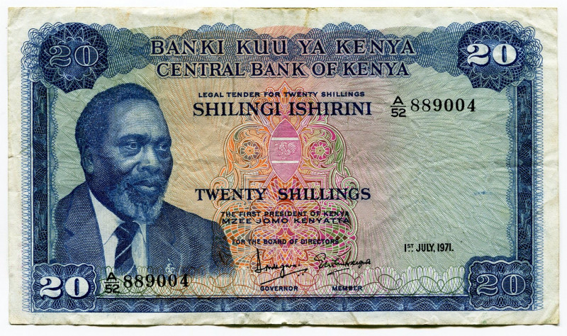 Kenya 20 Shillings 1971
P# 8b, N# 223161; # A/52 889004; F