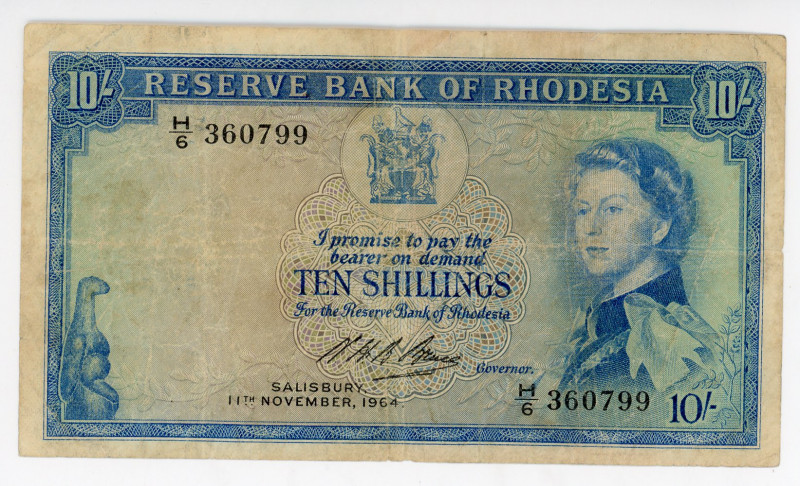 Rhodesia 10 Shillings 1964
P# 24, N# 233435; # H/6 360799; F